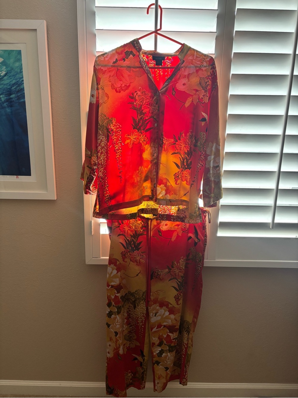 Natori Red & Gold Floral Button-Front Jumpsuit